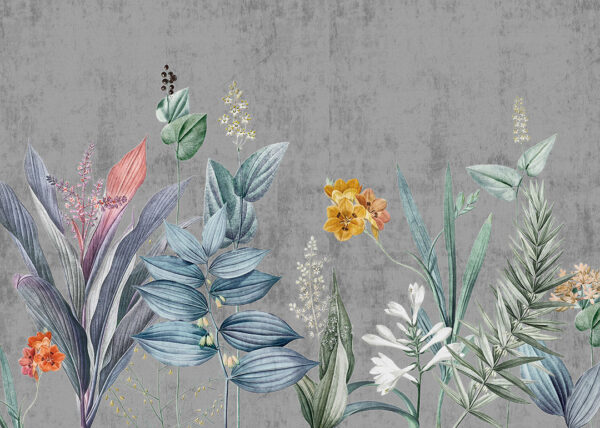 Дизайнерські шпалери з барвистими квітами рослин на темно-сірому тлі