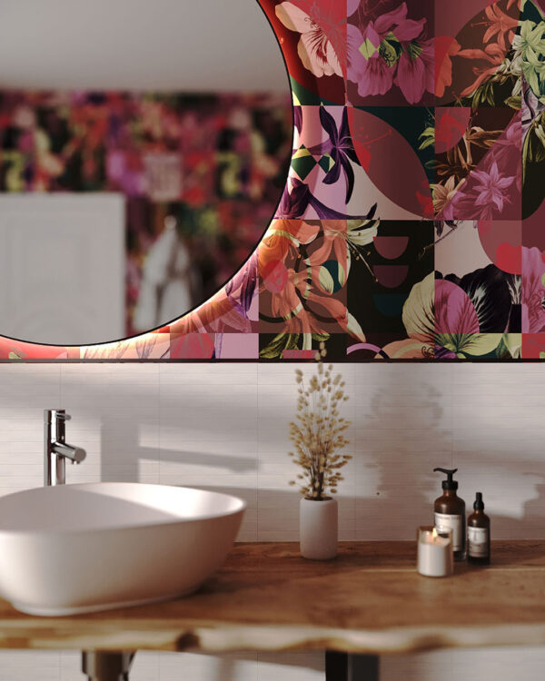 Обои мозаика с цветами паттерн в ярких красках в ванной