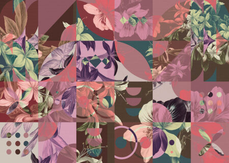 Фотошпалери з геометричною мозаїкою та квітами у теплих відтінках