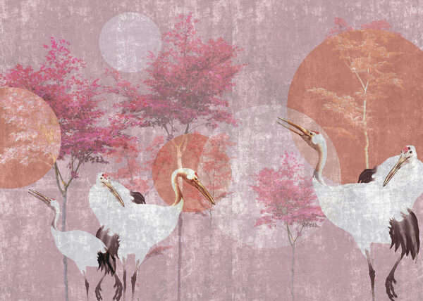 Обои в японском стиле с журавлями на розовом фоне с красными кругами и деревьями