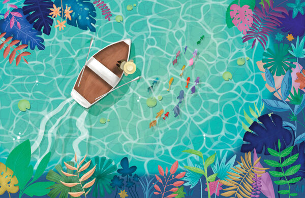 Обои с рыбками и лодкой в озере графический рисунок с тропическими растениями