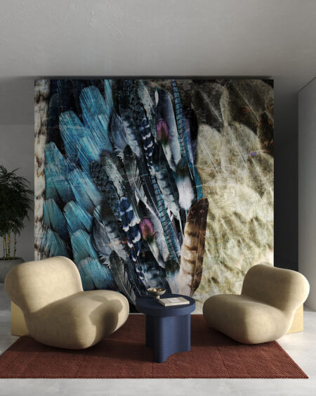 Фотообои текстура с перьями в синих и коричневых тонах в гостиной