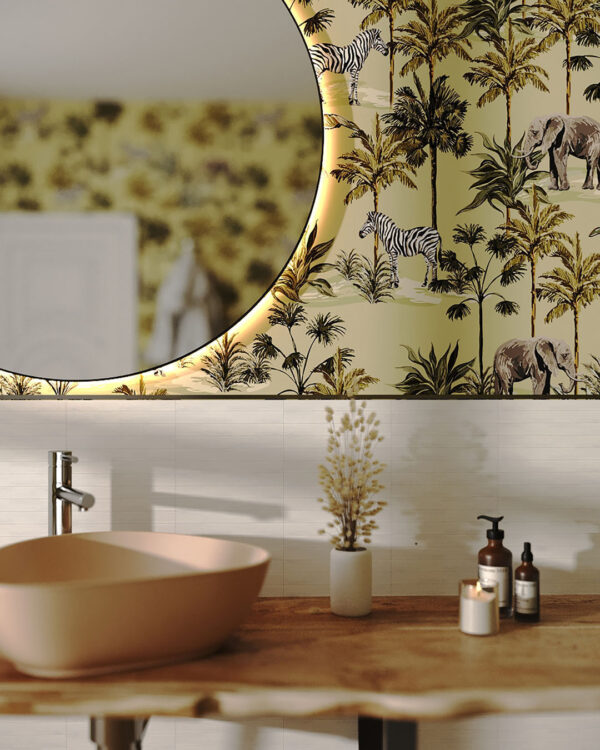 Фотообои пальмы со слонами и зебрами паттерн на светло-оливковом фоне в ванной