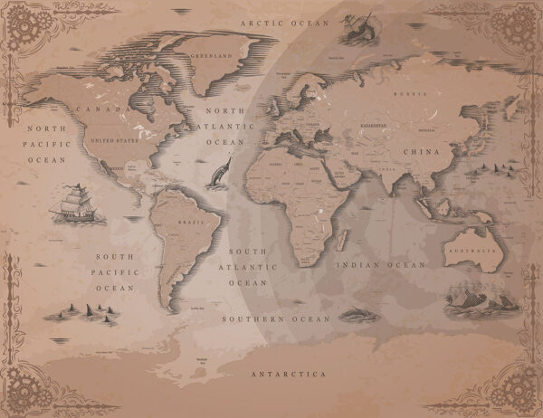Дизайнерські фотошпалери вінтажна карта світу бежевого кольору, прикрашена морськими ілюстраціями