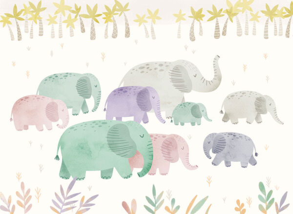 Детские обои слоны разного цвета с пальмами и растениями на светлом фоне