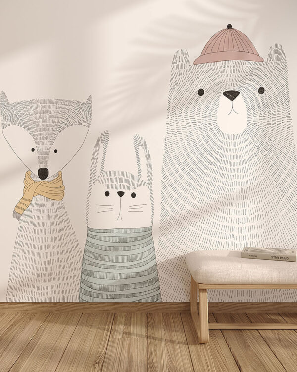 Фотообои с зайцем, медведем и лисом в одежде в графическом стиле на белом фоне для детей