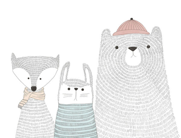 Детские фотообои с зайцем, медведем и лисом в одежде в графическом стиле на белом фоне