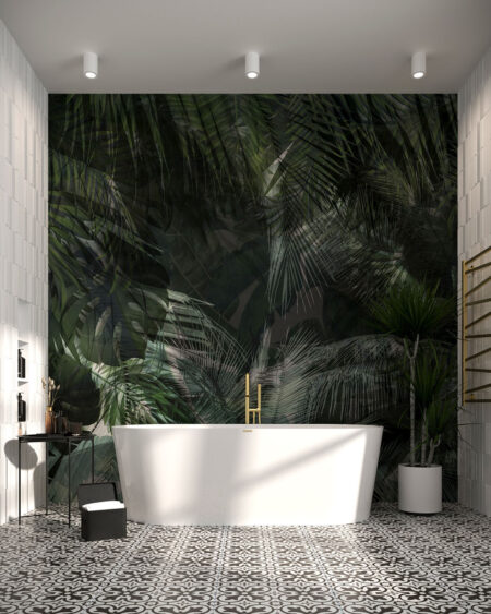 Обои джунгли с изображением тропического листья в зелёных тонах в ванной