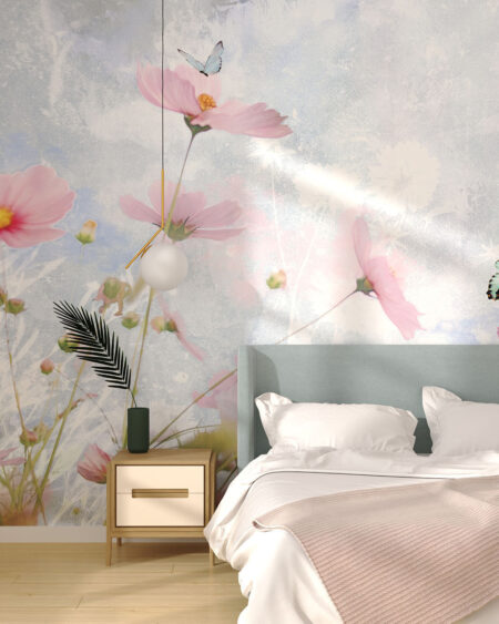 Обои цветы космея нежно-розовых тонов с бабочками на декоративном фоне в спальне