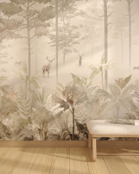 Дизайнерські фотошпалери ліс із зображенням оленів на галявині серед дерев та рослин в коридорі