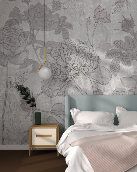 Обои розы в стиле графического дизайна в серых тонах в спальне