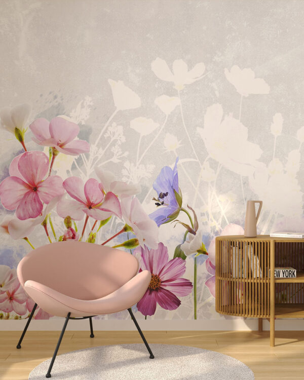Обои цветы жасмина розового цвета на декоративном сером фоне в гостиной