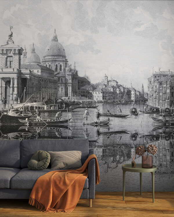 Фотообои фреска Венеции с гондолами в гостиной