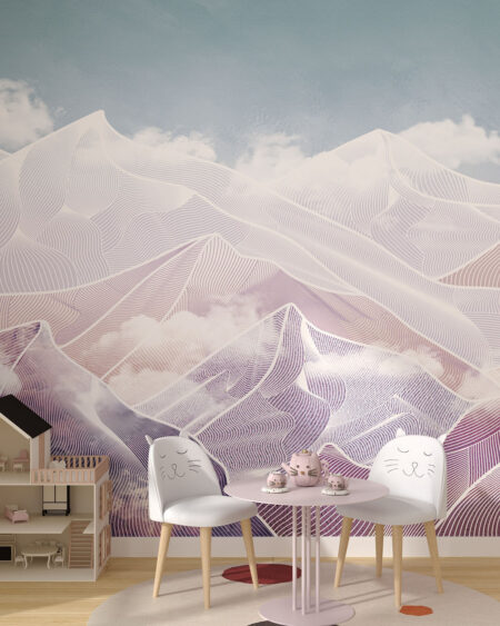 Обои геометрические горы в розово-фиолетовых оттенках с облаками в детской