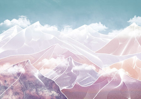 Обои геометрические горы в розово-фиолетовых оттенках с облаками