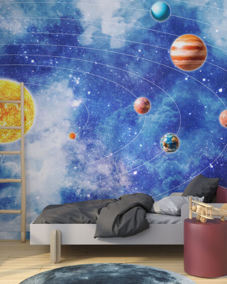 Детские фотообои планеты солнечной системы на фоне тёмно-синего космоса в детской комнате