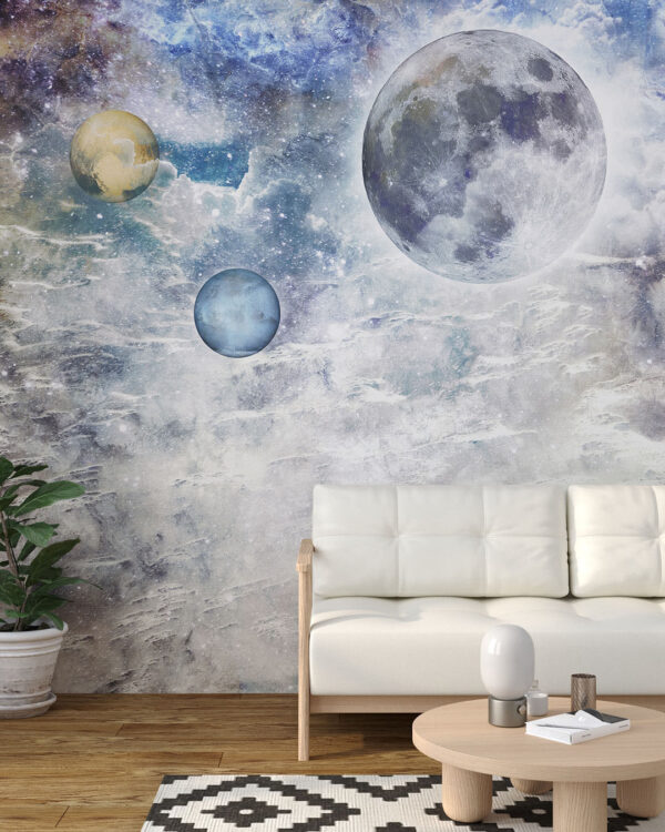 Дизайнерські фотошпалери місяць з кольоровими сферами в сірому космічному просторі у вітальні