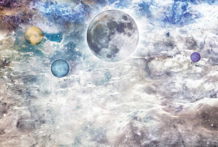 Дизайнерські фотошпалери місяць з кольоровими сферами в сірому космічному просторі
