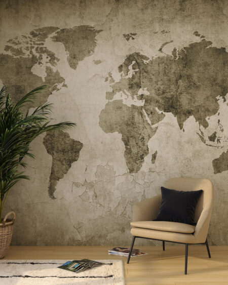 Сучасні фотошпалери акварельна карта світу в стилі лофт на текстурі потрісканої стіни в вітальні