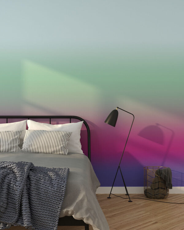 Фотообои текстура градиент в цветах зеленого, розового и фиолетового в спальне