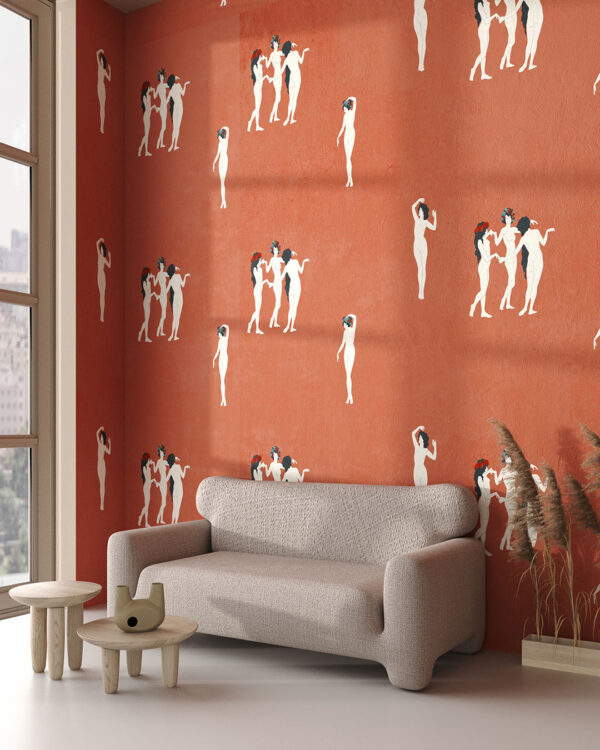 Дизайнерские обои паттерн с девушками в венках на оранжевом фоне в гостиной