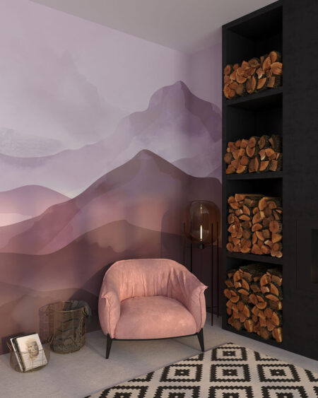 Обои акварельные горы в коричневых оттенках с эффектом омбре в спальной комнате