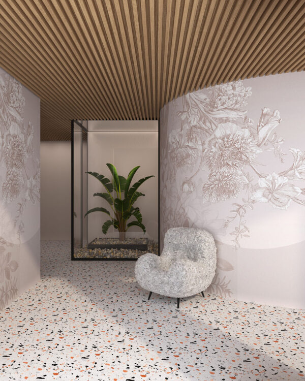 Дизайнерские обои цветы в графическом стиле на бежевом фоне с геометрией в гостиной