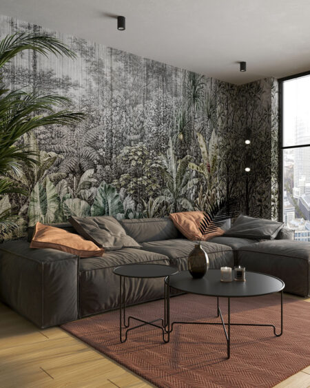 Шпалери тропічні дерева та рослини у стилі графічного дизайну в залі