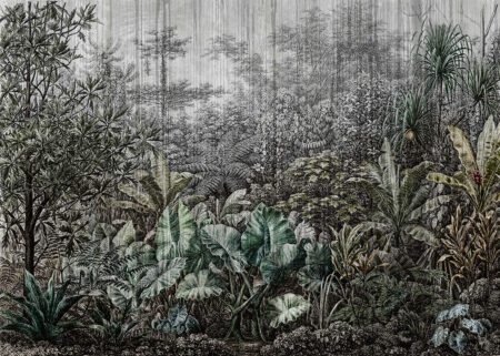 Шпалери тропічні дерева та рослини в зелених та сірих кольорах у стилі графічного дизайну з текстурою