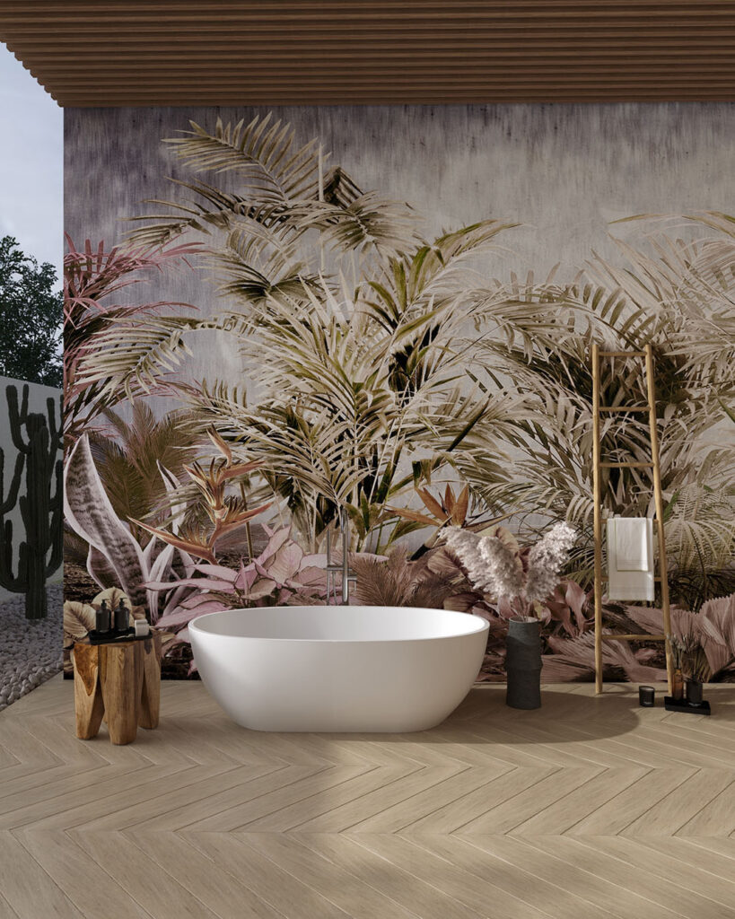 Шпалери тропічні листя рослин у ніжно-рожевих та зелених кольорах на декоративному тлі у ванній кімнаті