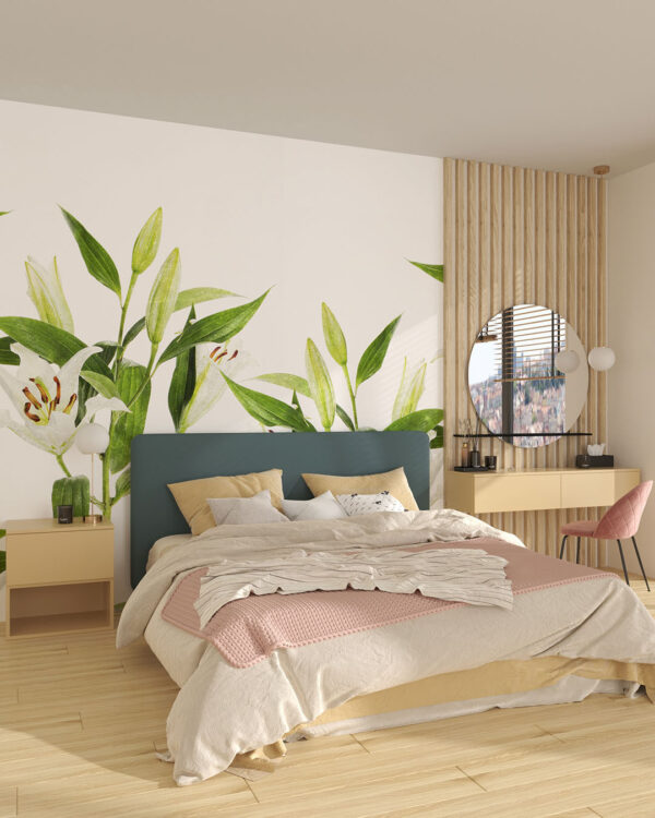 Фотообои лилии с зелеными листьями на белом фоне в спальне