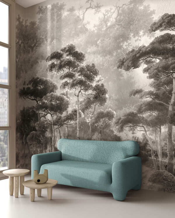 Дизайнерські шпалери ліс в стилі лофт у сірих відтінках на світлому фоні у вітальні