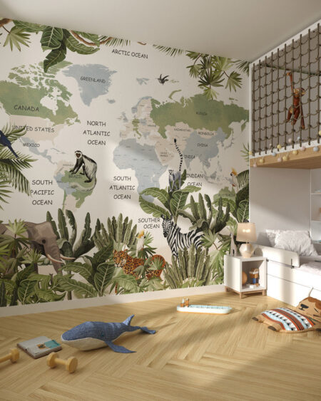 Дизайнерські фотошпалери карта світу у стилі джунглі з ілюстраціями тварин серед зелених рослин та пальм у дитячій кімнаті