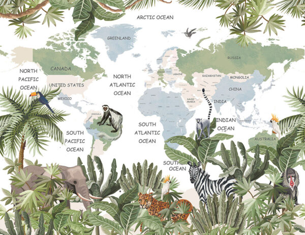 Дизайнерські фотошпалери карта світу англійською у стилі джунглі з ілюстраціями тварин серед зелених рослин та пальм