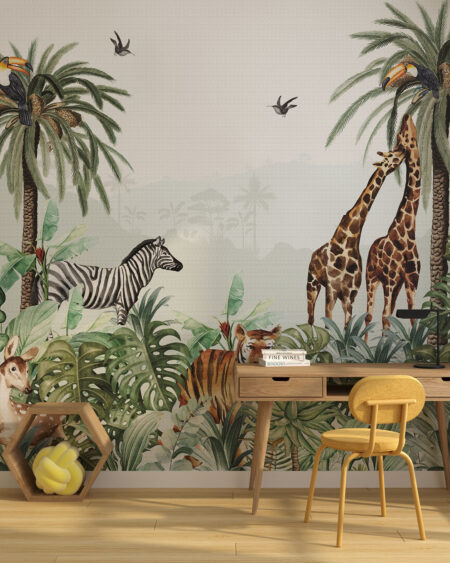 Обои джунгли с тиграми, жирафами и другими животными, и птицами на светлом фоне с пальмами в детской