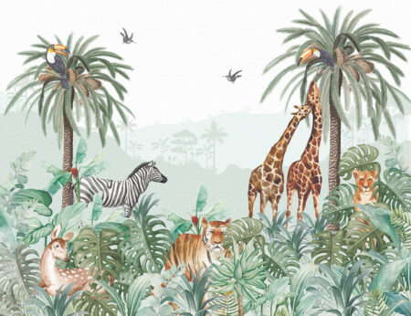 Обои джунгли с тиграми, жирафами и другими животными, и птицами на светлом фоне с пальмами