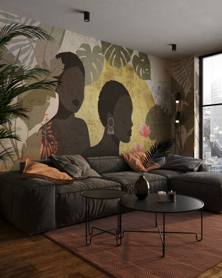 Дизайнерські шпалери із зображенням двох африканських дівчат та тропічного листя у вітальні