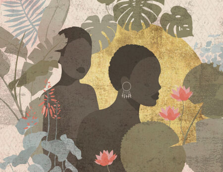 Дизайнерські шпалери із зображенням двох африканських дівчат та тропічного листя