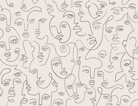 Дизайнерские обои абстракция с лицами линейный паттерн на светло-бежевом фоне