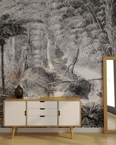 Шпалери джунглі гравюра із зображенням пальми та інших дерев у сірих відтінках в коридорі