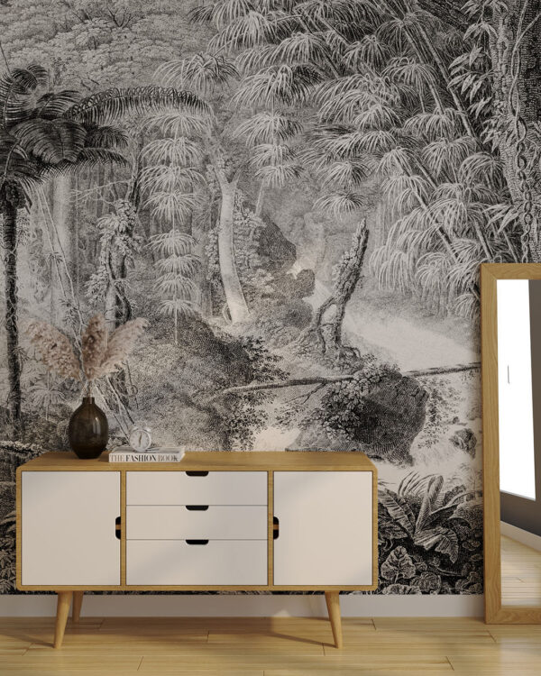 Шпалери джунглі гравюра із зображенням пальми та інших дерев у сірих відтінках в коридорі