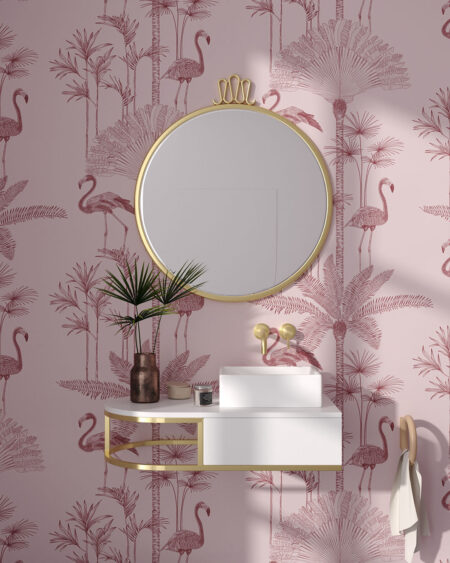 Дизайнерские обои тропики паттерн с фламинго и пальмами на розовом фоне в ванной