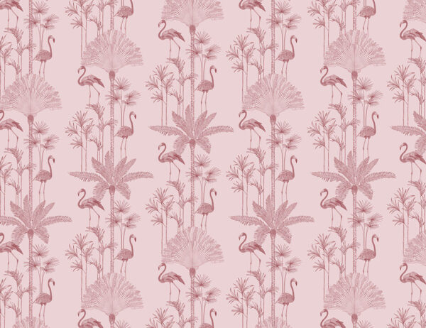 Дизайнерские обои тропики паттерн с фламинго и пальмами на розовом фоне