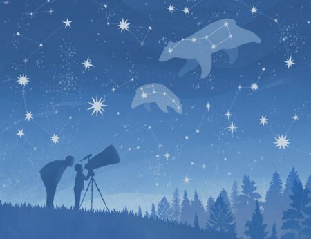 Дизайнерские фотообои созвездия большой и малой медведицы над пейзажем леса и людьми, смотрящими в телескоп