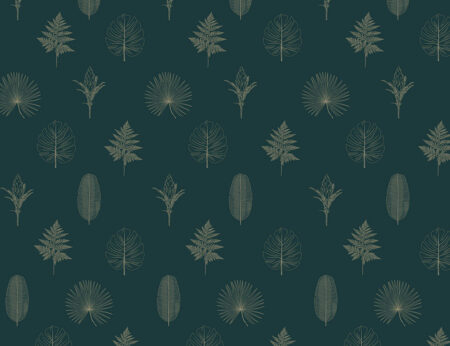 Дизайнерские обои тропические листья паттерн на темно-зеленом фоне