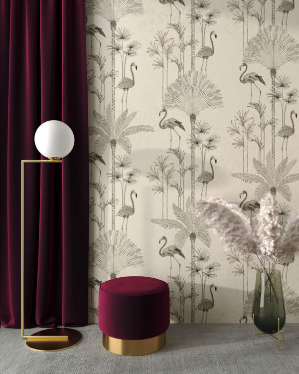 Дизайнерські шпалери тропіки паттерн з фламінго і пальмами на бежевому фоні у вітальні