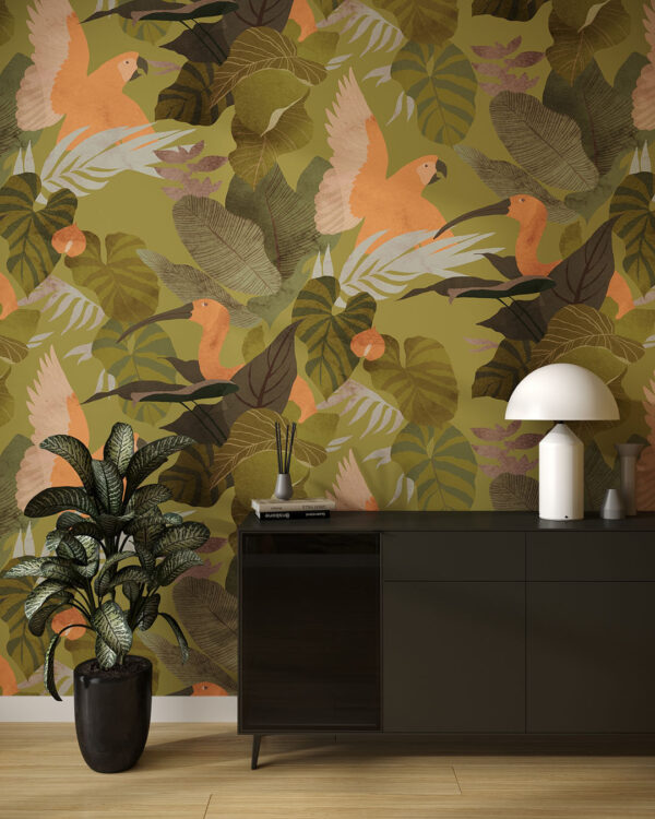 Дизайнерские обои с попугаями в тропических листьях паттерн на фоне цвета хаки в гостиной