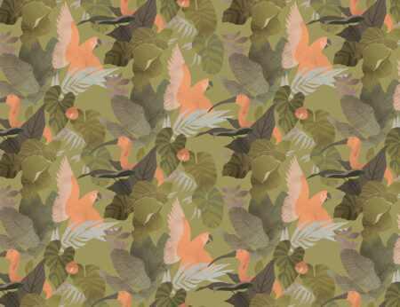 Дизайнерские обои с попугаями в тропических листьях паттерн на фоне цвета хаки