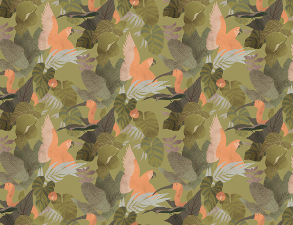 Дизайнерские обои с попугаями в тропических листьях паттерн на фоне цвета хаки