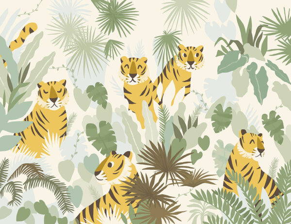Фотообои джунгли с яркими тиграми в графическом стиле на светло-бежевом фоне